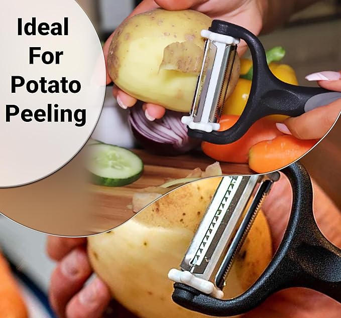 Potato Peeler with Julienne Cutter (3 Blades, 360° Rotating) – Y Peelers for Vegetable Carrot Cucumber Potatoes & Fruits – Stainless Steel Blades, Anti Slip Handle