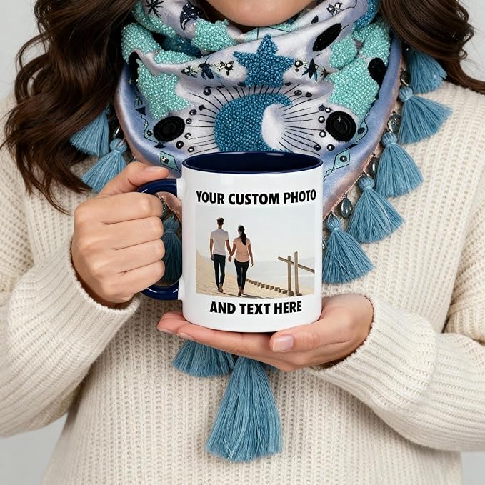 Personalized Coffee Mug | Custom Photo, Text, or Logo Cup (11oz, Navy Blue Rim, Inner, and Handle) |Dishwasher & Microwave Safe |Unique Gift for Men & Women –Taza Personalizada