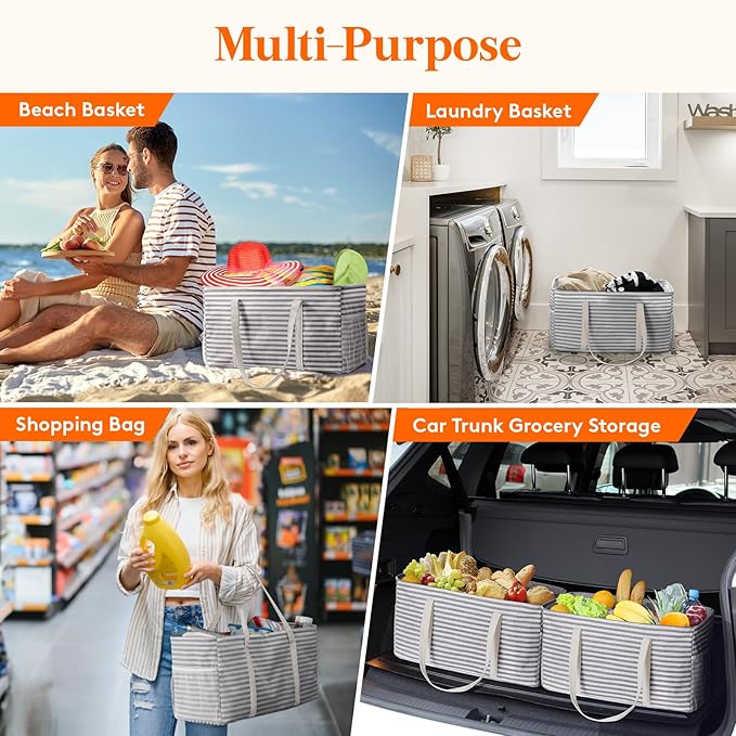 Lifewit Extra Large Tote Bag, Reusable Grocery Bags with Metal Wire Frame and Handles, Standing Utility Foldable Shopping Bags for Storage, Picnics, Beach, Pool, Laundry, Car, Camping 2 Packs 46L Grey