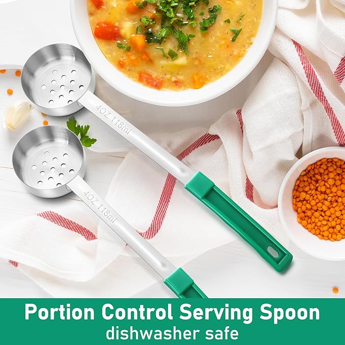 2 Pcs Portion Control Serving Spoons, Restaurant Measuring Serving Ladle Utensils, Portion Spoons for Weight Loss, Kitchen(Green,4 oz,Slotted)
