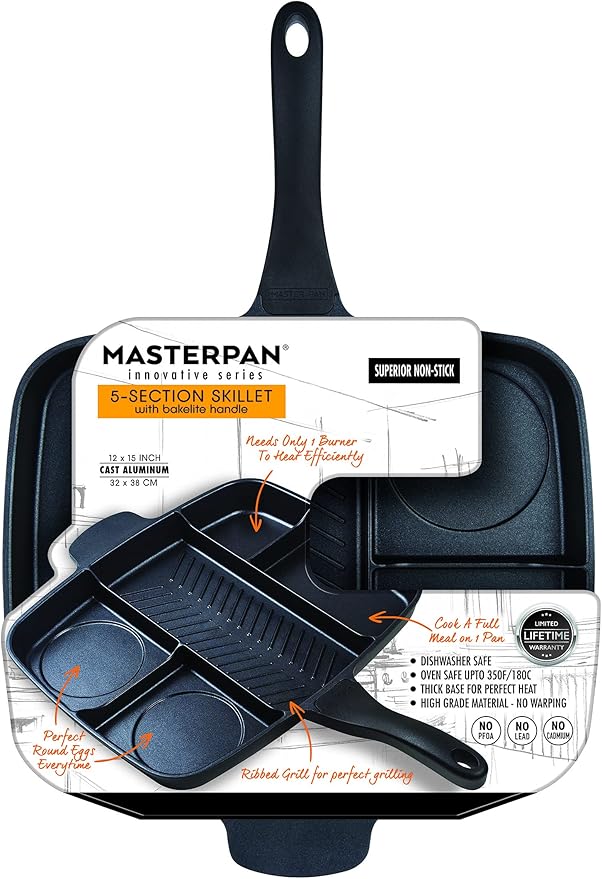 Master Pan Non-Stick Divided Grill/Fry/Oven Meal Skillet, 15", Black