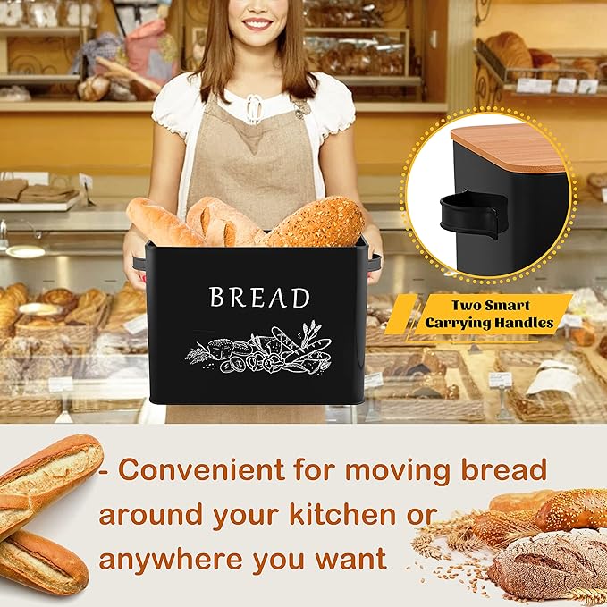 E-far Bread Box for Kitchen Countertop, Metal Bread Storage Container Bin with Bamboo Lid for Cutting Bread, Extra Large & Farmhouse Style, 13” x 7.2” x9.8”, Black