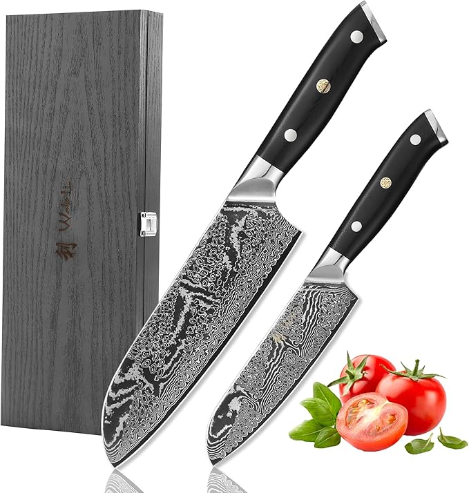 Wakoli Nitoko 2-Piece Kitchen Knife Set – Professional Damascus Chef Knives | 67-Layer VG10 Core Steel | Ergonomic G10 Handle | Santoku Knife & Small Santoku in Wooden Gift Box