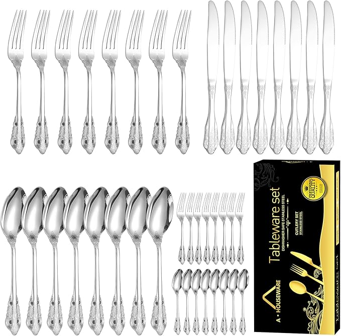 Antique Silverware Set for 8 Silvery Royal Flatware Stainless Steel 40 Pieces Eating Utensils Vintage Fork Knife Spoon Luxury Home Kitchen Restaurant Festival Parties