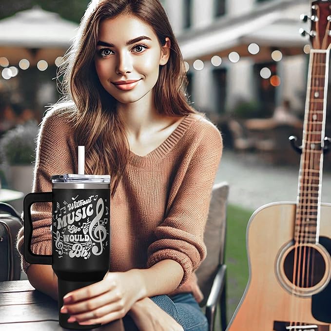 Music Gifts for Men, Women & Teens - 40oz Musical Themed Tumbler with Handle for Music Lovers, Teacher Appreciation Gifts - Fathers Day, Mothers Day, Birthday, Christmas Gift for Rhythm Lovers