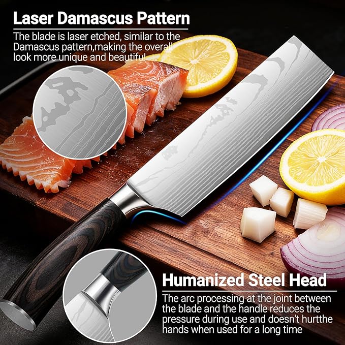 Nakiri Knife 7 Inch Sharp Meat Cleaver and Vegetable Kitchen Knife Damascus Asian Chef Knife for Home and Kitchen with Ergonomic Handle High Carbon Stainless Steel knife Chef Cooking Gift