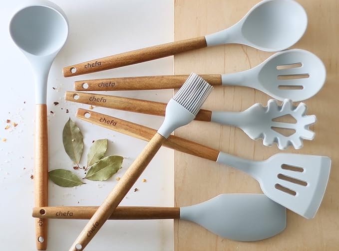 Silicone Cooking Utensils | Wooden Handle, Non-Stick Cookware Heat Resistant Kitchen Utensil Spatula, Slotted & Solid Spoon, Soup Ladle, Slotted Turner and Spaghetti Server,| Acacia Wood - Light Grey