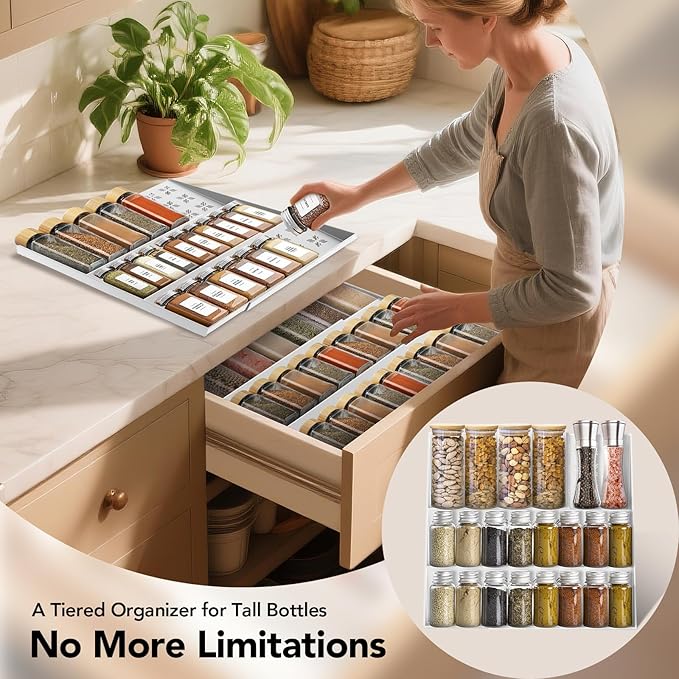 Spice Drawer Organizer 3-Tier Expandable (11"-22" Wide), Spice Rack for Cabinet with Funnel & Spice Labels, Fits Large Jars, Seasoning Storage Insert Design for Cabinet & Drawer (White)