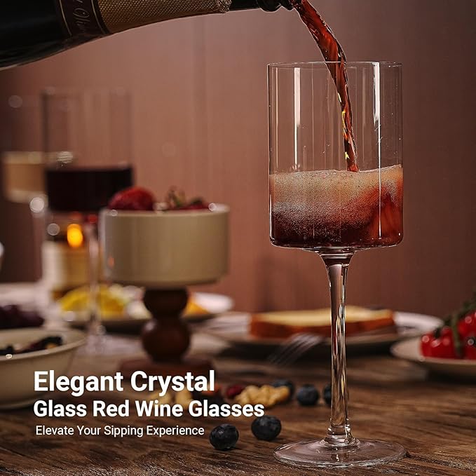 MICHLEY Square Crystal Wine Glasses Set of 4-15.5 oz large Long Stem Glassware Red/White Glasses Drinkware Perfect Gifts for Women, Wedding,Birthday Decorations