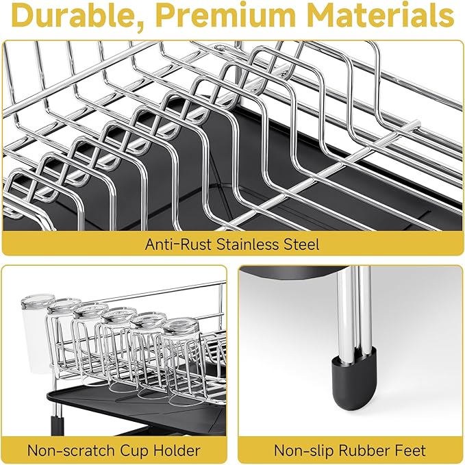 Large Dish Drying Rack - 304 Stainless Steel Dish Rack for Kitchen Counter, Extendable Dish Drainers with Cutlery & Cup Holders, Black