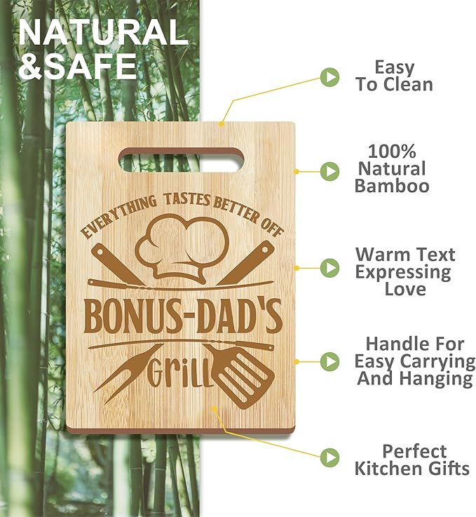 Bonus Dad Gifts, Christmas Bonus Dad Gifts from Kids, Bonusdad from Bonus Daughter Wooden Cutting Board Utensils with Apron, Great Bonusdad Father's Day Birthday Kitchen