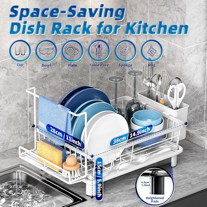 Compact Dish Drying Rack, Dish Drainers for Kitchen Counter with Sponge Rack, Kitchen Drying Rack with Drainboard, Utensil Holder and Automatic Drainage Drainboard, White