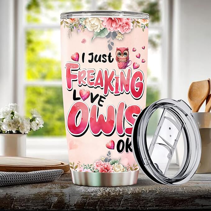Owl Tumbler 20oz Cute Animal Gift for Women, Girls Who Freaking Love Owls Woodland Lovers Heart Perfect Wife Daughter Insulated Stainless Steel Coffee Cup with Lid