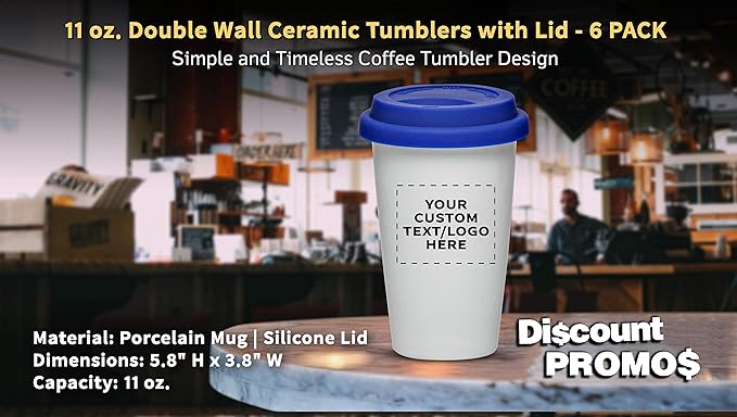 Personalized 11 oz. Double Wall Ceramic Tumblers with Lid - 6 Pack - Custom Text, Logo - Blue