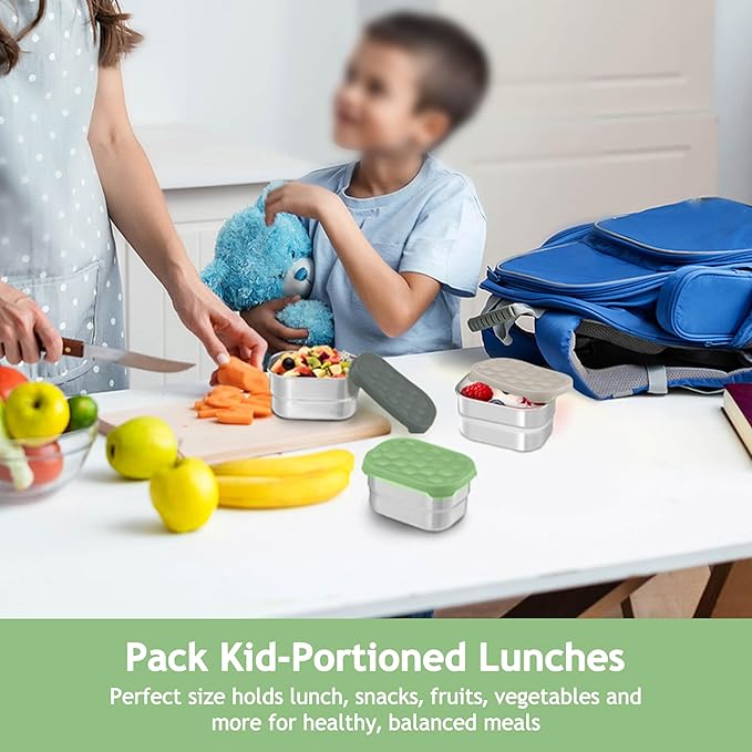 Homikit 3 Pack Snack Containers for Kids, 18/10 Stainless Steel Toddler Lunch Box with Silicone Lids, Reusable Bento Food Container Set for School Daycare, Nontoxic & Leak Proof, Green/Khaki/Gray