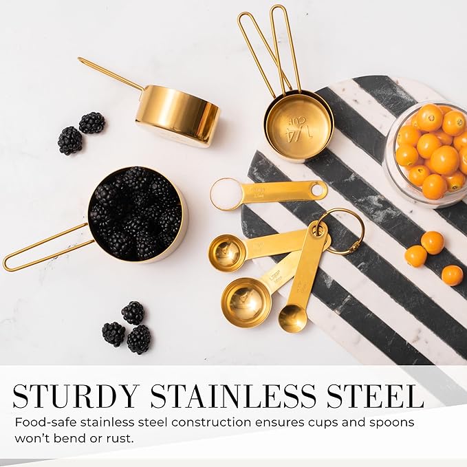 STYLED SETTINGS Gold Measuring Cups and Spoons Set – Stackable 8-Piece Brass Measuring Set – Stylish and Sturdy Gold Kitchen Accessories for Baking and Cooking