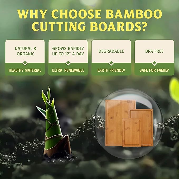 Vietnam Carbonized Bamboo Cutting Board Set of 3 with Holder, Non Toxic Reversible Boards with Juice Groove, Smooth Finish and Non Slip Feet, Handmade in Vietnam for Prep and Charcuterie