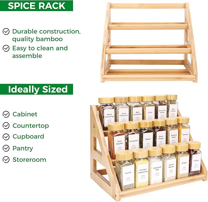 Spice rack,3-Tier Bamboo Spice Rack Organizer for Kitchen, Countertops & Pantries - Space-Saving Tiered Spice Rack