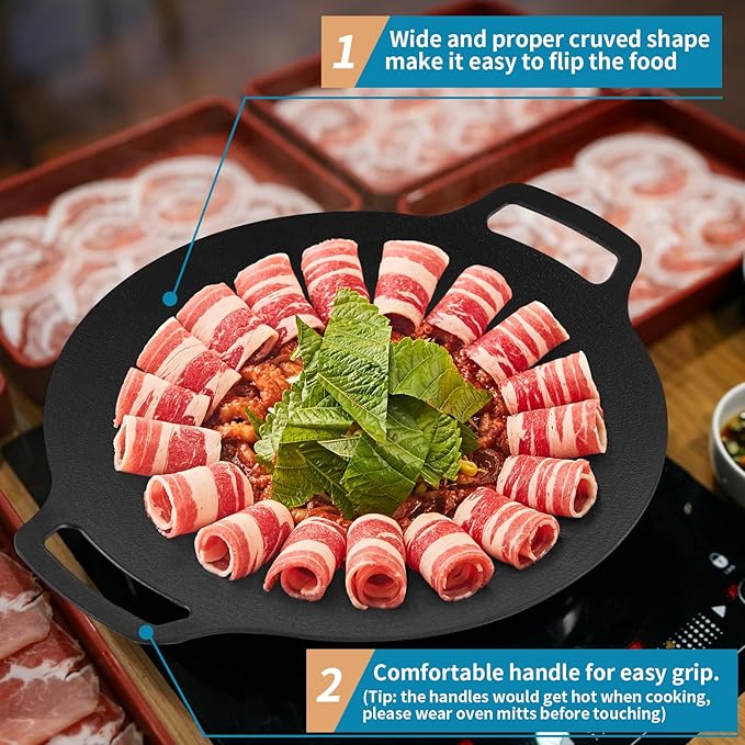 Korean Grill Pan with Nonstick 6-Layer Coating, 13" Round BBQ Griddle with Bag, Compatible for Induction, Gas Stove, Electric Cooktop, Indoor or Outdoor Grilling