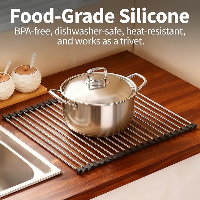 Roll Up Dish Drying Rack for Over Sink -17.5"x11.8" Foldable Stainless Steel Kitchen Drainer, Black