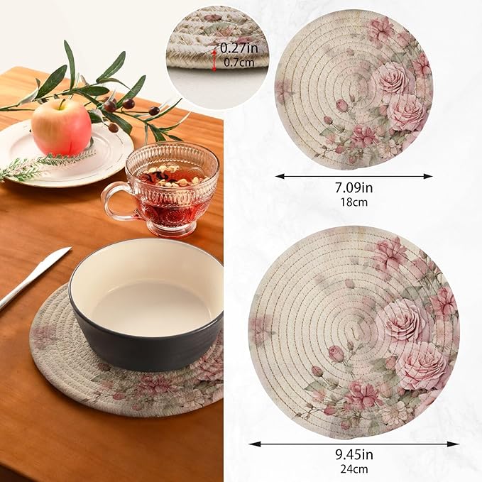Vintage Pink Roses Kitchen Trivets Pot Holders Set of 2, Trivets for Hot Pots Dishes Woven Trivet Coaster Pad Mat for Counter