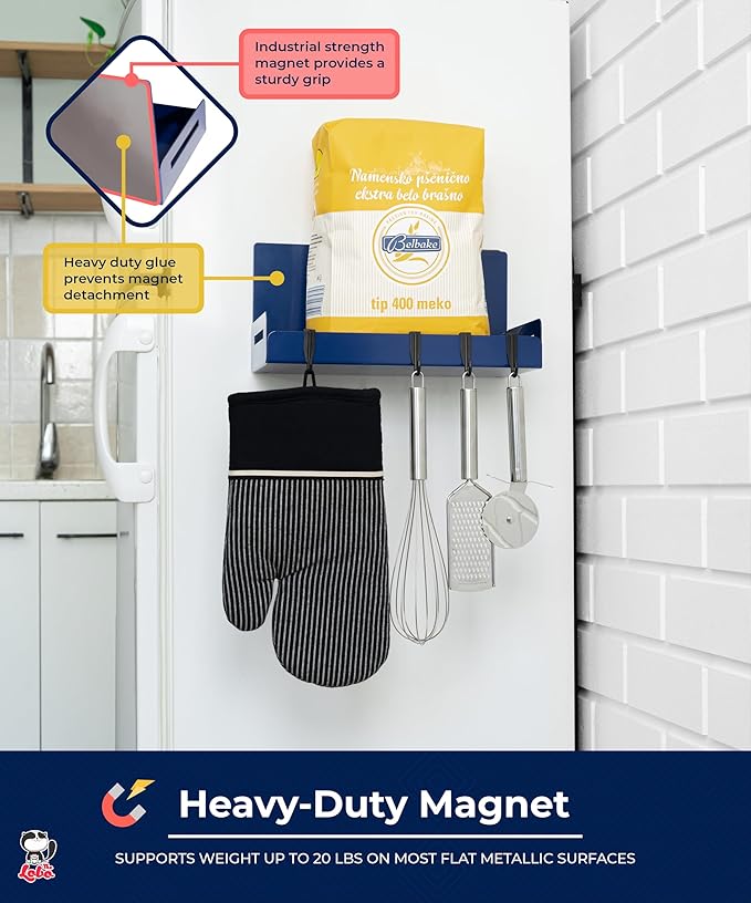 The Lobo 2-Pack Magnetic Spice Rack Refrigerator Shelves – Heavy-Duty 20-LB Capacity Kitchen Magnet Shelf For Side Of Fridges – Handy Laundry Washer & Dryer Storage – Garage Tool Shelf Organizer