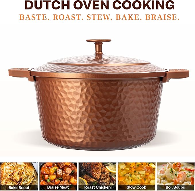 Gotham Steel Hammered 5 Qt Lightweight Dutch Oven Pot with Lid & Holders, Ceramic Non Toxic, Oven Safe & Even Heat Retaining Dutch Oven for Bread Baking Sourdough, Soup, 70% Lighter than Cast Iron