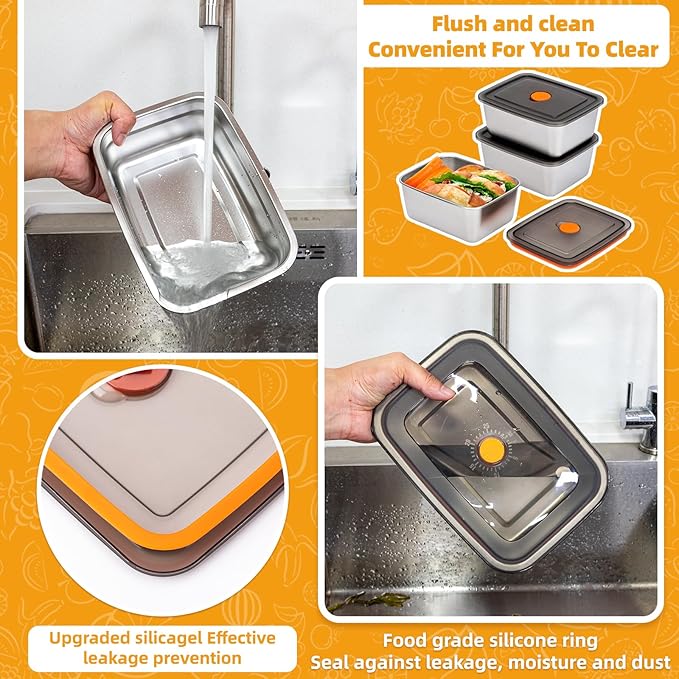 3 PCS Stainless Steel Food Storage Containers(33oz) with Lids Leak Proof & Airtight | Stainless steel freezer Containers,Airtight Bento Lunch Box,For Meal Prep,Fruit,Snack,Freezer