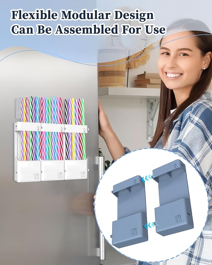Magnetic Straw Holder for Cabinet Door, Silicone Straw Organizer,Straws Storage Container with Double Sided Adhesive,Reusable Straws Dispenser for Kitchen Fridge Cupboard (White+Blue)