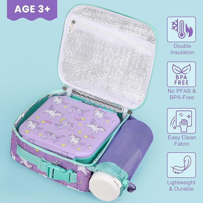 Kids Lunch Box Set with Bento Box, 9oz Stainless Steel Thermos & Insulated Lunch Bag – Hot & Cold Leakproof Lunch Container with Utensils for School & Travel, Purple Set