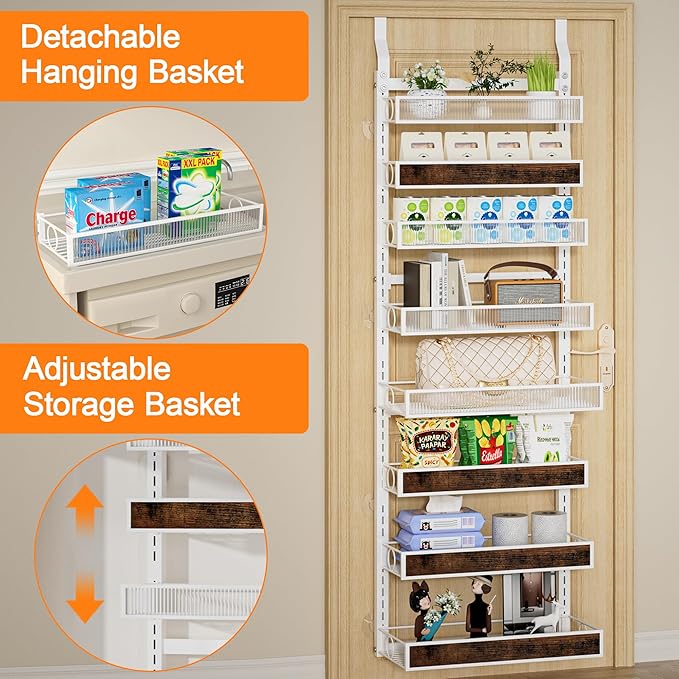 Over The Door Pantry Organizer,8 Tier Hanging Door Spice Rack with Adjustable Wood Basket and Acylic Basket,Metal Heavy Duty Wall Mounted Door Storage Shelf for Kitchen Pantry and Bathroom