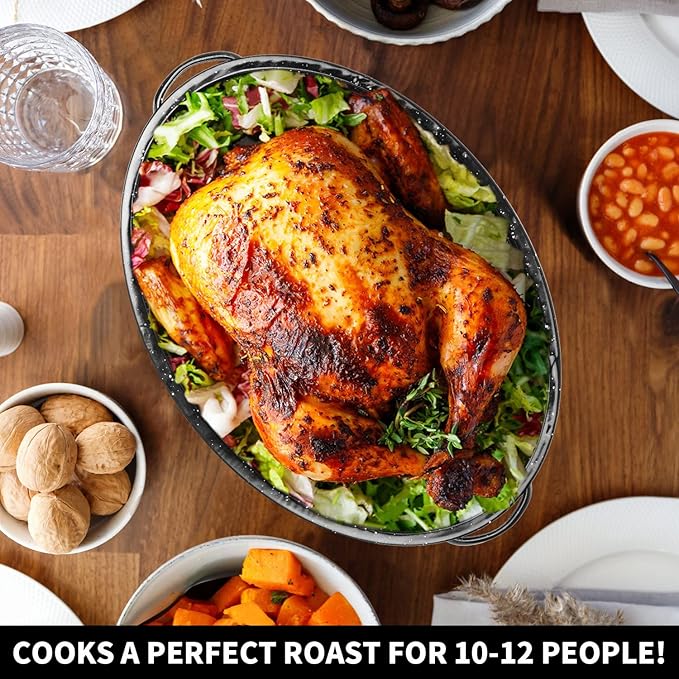 16Inch Roasting Pan, Enamel on Steel, Black Covered Oval Roaster Pan with Lid, Medium Cookware for Turkey, Small Chicken, Roast Baking Pan.