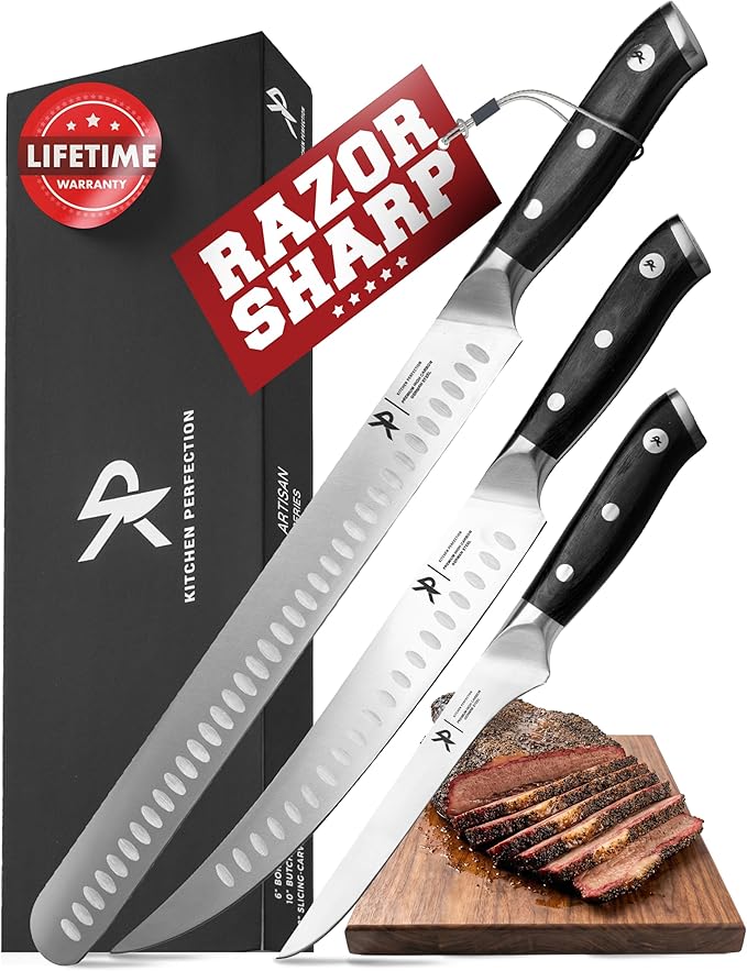 KITCHEN PERFECTION 3-Piece BBQ Slicing & Carving Meat Knife Set -12” Brisket Knife, 10” Butcher Knife, 6” Boning Knife with Sheaths -Razor Sharp German Steel,Full Tang Ergonomic Handles- Gifts for Men