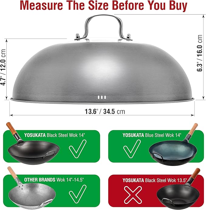 YOSUKATA Blue Round Bottom Wok Pan – 14" Woks and Stir Fry Pans + Wok Lid 13.6 Inch - Premium Stainless Griddle Dome with Tempered Glass + 17" Wok Spatula and Ladle and Turner