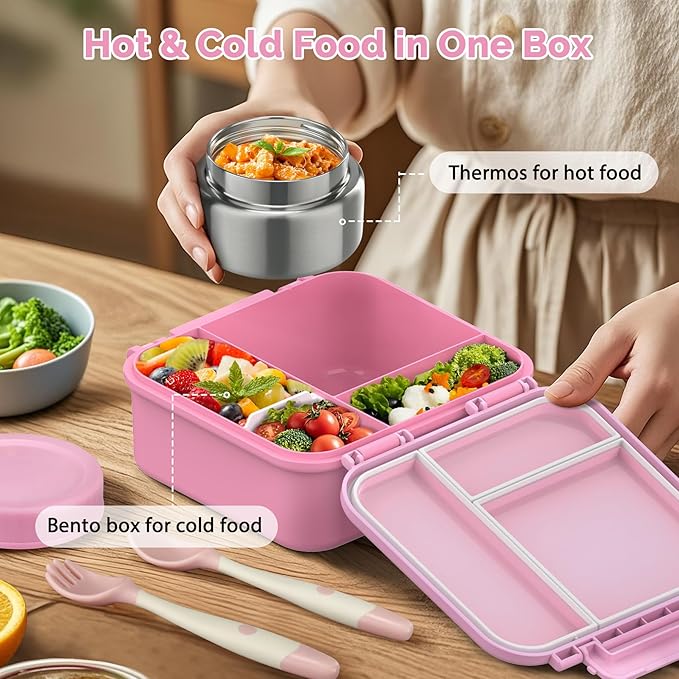 Bento Box for Kids with Soup Thermos(9oz)– Kid Bento Lunch Box with Leak Proof Insulated Food Jar, Hot & Cold Lunch Container Set for School Girls Boys, 4-Compartments, Dishwasher Safe, Pink