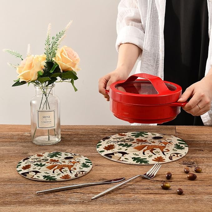 Woodland Leaves Cute Forest Animals Kitchen Trivets Pot Holders Set of 2, Trivets for Hot Pots Dishes Woven Trivet Coaster Pad Mat for Counter