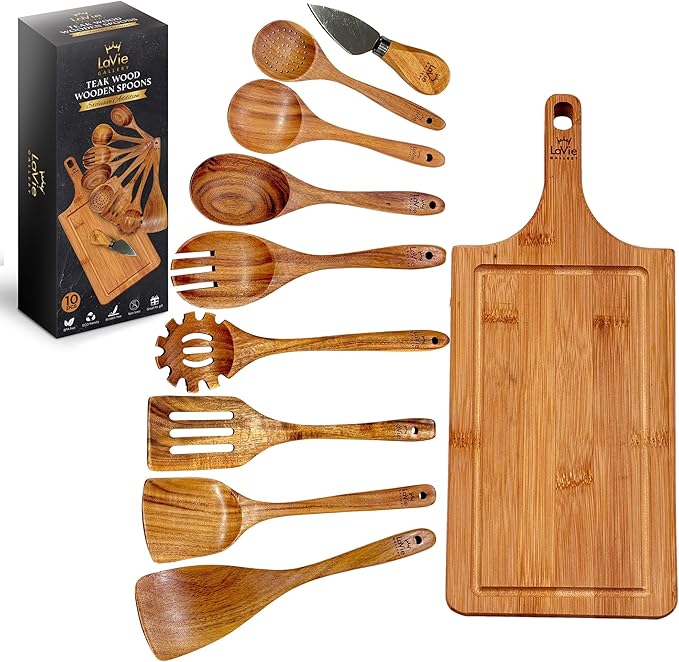 Teak Wooden Cooking Spoons Set -10-Piece Nonstick Cookware - Handmade Wooden Teak-Bamboo Charcuterie Board With Knife - Wooden Kitchen Utensils, Ideal Gift Set For Weeding,Birthday