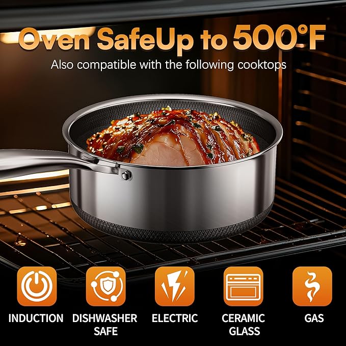 Sauce pan with Lid, KURRUNGIE 1.5 & 2.8 QT Hybrid Stainless Steel Cookware Set, PFOA Free 5-Ply Cooking Pots with Lids, Stainless Steel Pans for Cooking, Induction Cookware Oven and Dishwasher Safe