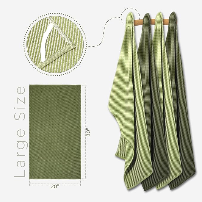 Kitchen Hand Towels - 4 Pack, (20" x 30") - Extra Soft & Striped - Versatile as, Flour Sack Towels, Kitchen Tea Towel, Dish Drying Towels, Soft Dish Cloths, Sage and Bright Green