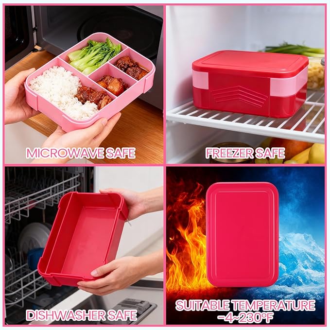 6-compartment Bento Box, 50oz Lunch Container with Utensils & Sauce Cup, Microwave & Dishwasher Safe, Leakproof Lunch Box for Adults Men Women(Rose Red)