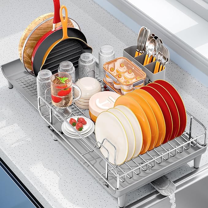 TOOLF Expandable Dish Rack, Dish Drying Rack for Kitchen Counter, Foldable Dish Dryer Rack, Stainless Steel Dish Drainer Racks with Cutlery Holder, Collapsible Dish Drying Racks Large Size,Gray