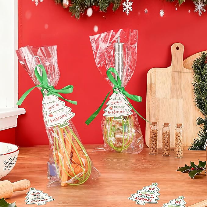 12 Sets 10 Inch Christmas Whisk Baking Gifts, DIY Fillable Christmas Tree Ornaments, Xmas Colored Silicone Whisks for Xmas Employee Neighbor Cooking Supplies Xmas Stocking Stuffers Candy Holder