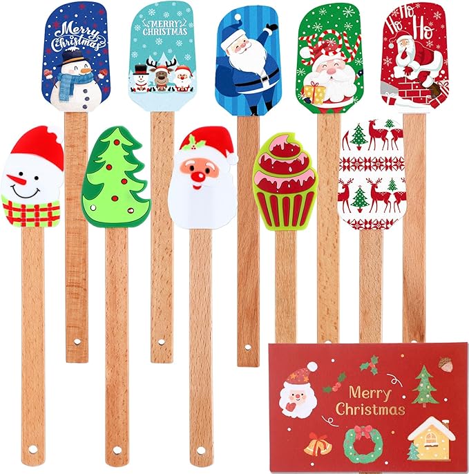 Nitial 10-Piece Christmas Silicone Spatula Gift Set with Wooden Handle Santa Spatula for Kitchen & Baking, Includes Cards for Women - Vintage Color