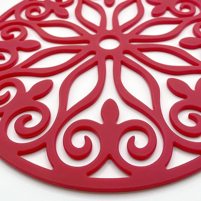 3 Set Silicone Trivet Mats with 1 Extra Large Included | Intricately Carved Insulated Flexible Durable Non Slip Thick Round Premium Trivets for Hot pots and Pans | Rubin Red