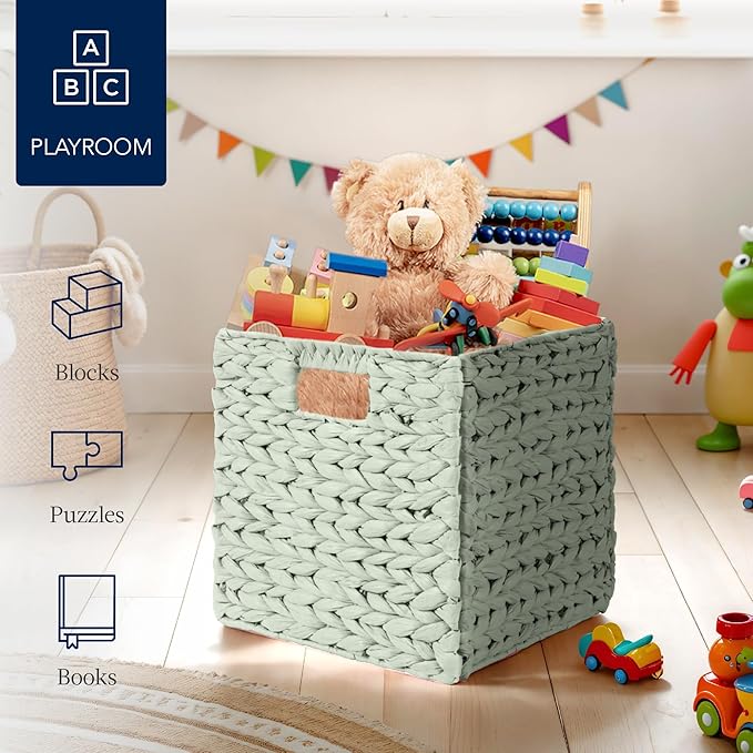 Best Choice Products 10.5x10.5in Pack of 5 Cube Storage Baskets, Water Hyacinth Multipurpose Collapsible Organizers, Handwoven Toy Storage Totes for Kids Room, Nursery & Living Room - Sage
