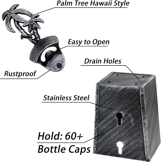 Rustic Palm Tree Bottle Top Opener Wall Mounted Bottle Opener with Cap Catcher Drained for Beach Gifts (Aged Silver)