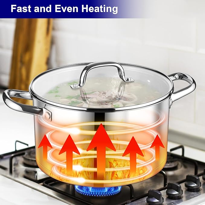 LIANYU Stainless Steel Stock Pot, 8 QT Large Soup Pot for Home Kitchen, Heavy Duty Cookware Compatible with Ceramic Gas Induction Cooktop, Dual Handles & Glass Lid, Dishwasher Safe