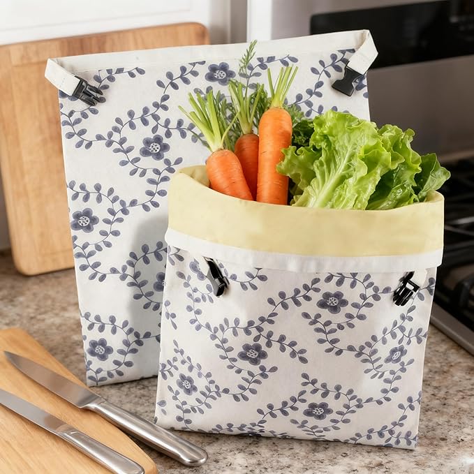 Reusable Beeswax Bread Bags for Homemade Bread Sourdough Loaf 17in x12.9in Large Beeswax Storage Bags farmhouse bread box Cotton Linen Bag 2 Pack Portable Bread Containers (Blue flower)
