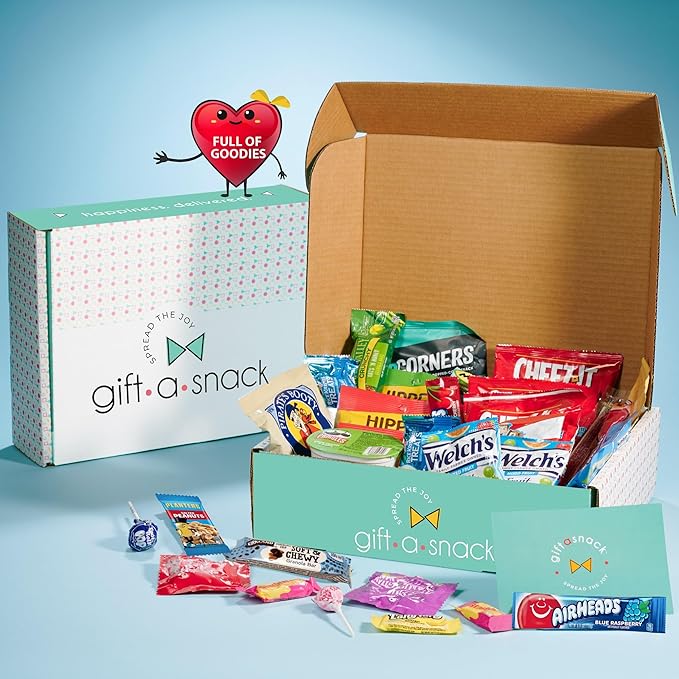 Gift A Snack - Holiday Christmas Stocking Stuffers, Snack Box Care Package Variety Pack + Greeting Card (200 Count) Xmas Birthday Sweet Treats Gift Basket, Candies Chips Crackers Bars