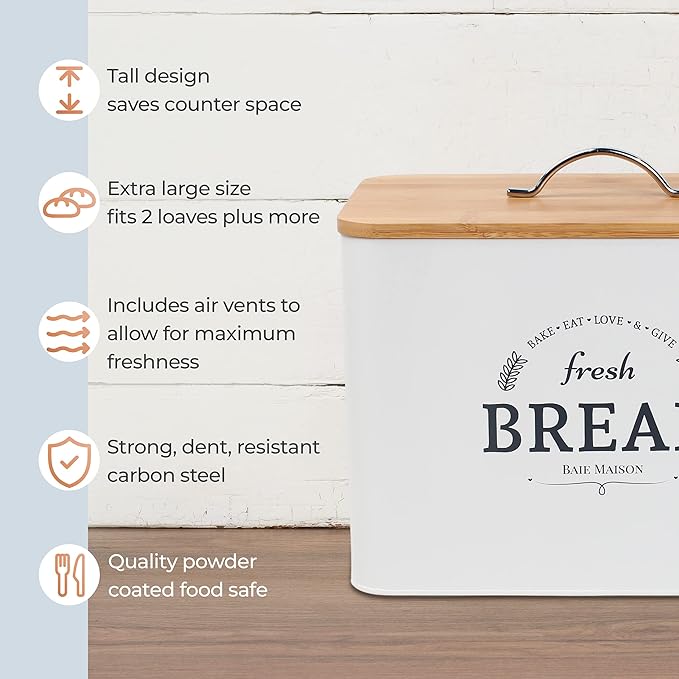 Extra Large White Farmhouse Bread Box for Kitchen Countertop - Breadbox Holder Fits 2+ Loaves - Bread Storage Container Bin - Rustic Bread Keeper Vintage Metal Kitchen Decor (White with Wood Lid)